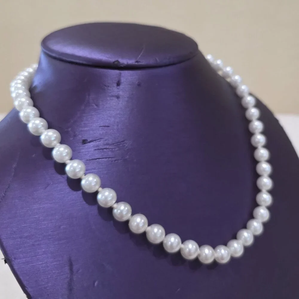 Vintage 7mm Heavy White Faux Pearl Silver Asian Design 925 Clasp 18